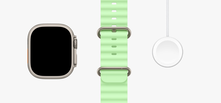 Apple Watch Ultra 3, cassa in titanio naturale, display edge-to-edge, cinturino Ocean verde neon, cavo magnetico USB‑C per la ricarica rapida di Apple Watch
