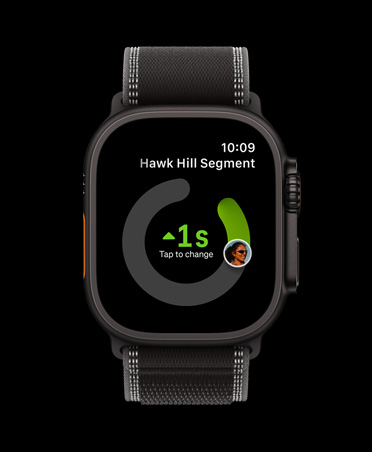 Apple Watch Ultra 3, black color, titanium case, Strava app, workout cards: Outdoor Run, Outdoor Ride, Indoor Run, band, Trail Loop, black/charcoal color