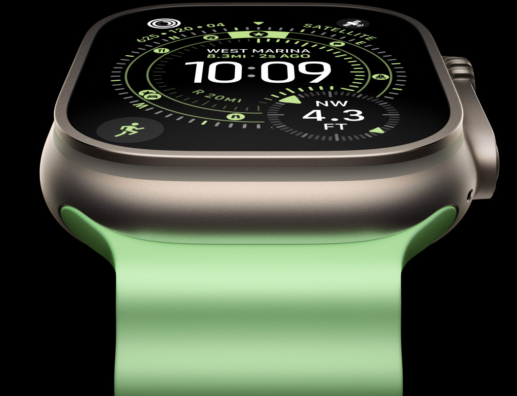 Apple Watch Ultra 3,  titanium case, natural color, compass on Orienteering watch face, Ocean Band, neon green color