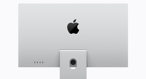 Apple Studio Display with tilt-adjustable stand, silver color, back exterior, glossy black Apple logo centered