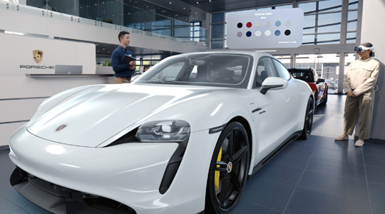 Porsche 陳列室的顧客戴著 Apple Vision Pro 觀看超級跑車的 3D 投影，並與員工談話。