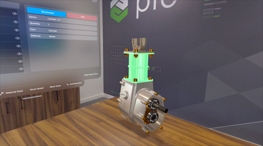 機械裝置的 CAD 模型和相關資料的 3D 投影，投射在辦公室內。