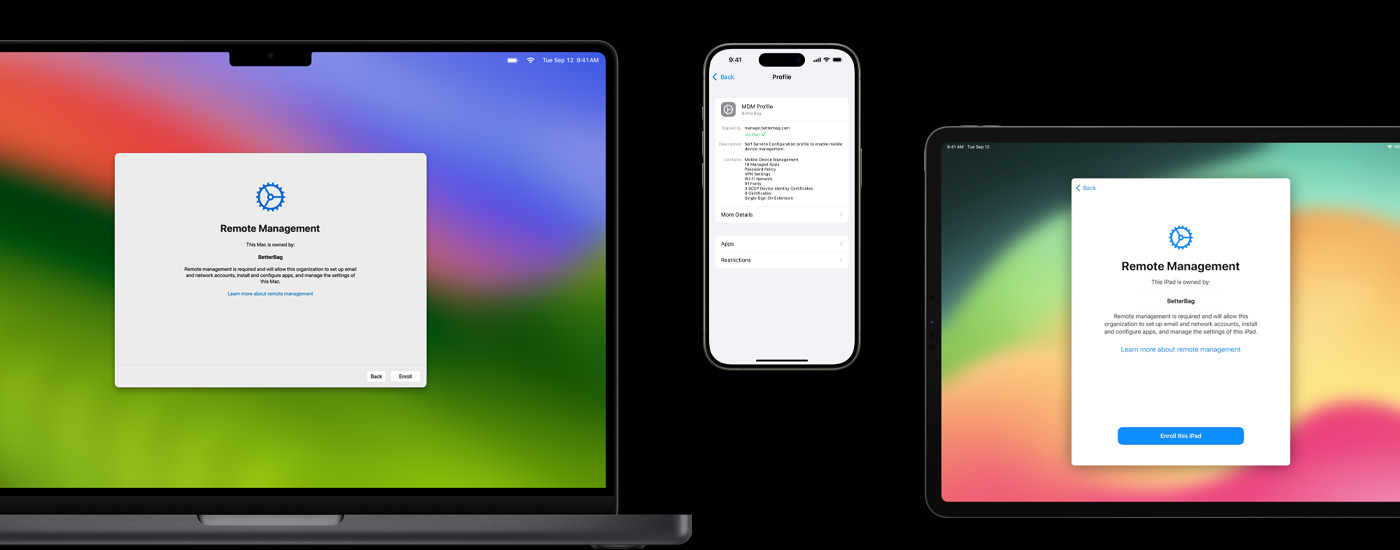 Uzaktan Yönetim penceresini gösteren bir Mac ve bir iPad. MDM profil ayarlarını gösteren bir iPhone.