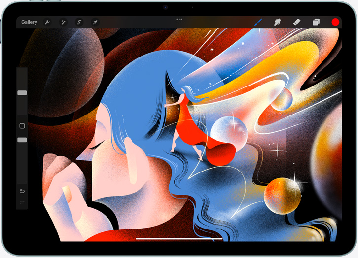 iPad Air, mode paysage, écran affichant une illustration dans l’app Procreate
