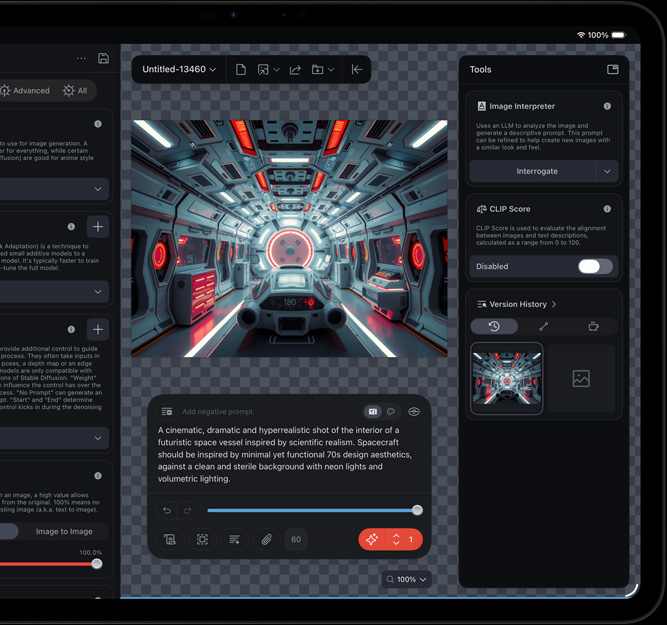 iPad Pro vist forfra, skærmen viser et klip af et futuristisk rumfartøj, klippet redigeres ved hjælp af forskellige åbne værktøjer og AI-funktioner, herunder Image Interpreter og CLIP Score
