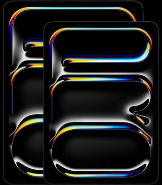 Un iPad Pro 13 pollici e un iPad Pro 11 pollici nero siderale in verticale visti di fronte, bordi arrotondati, cornice del display nera, i display mostrano la parola astratta e multicolore PRO in verticale