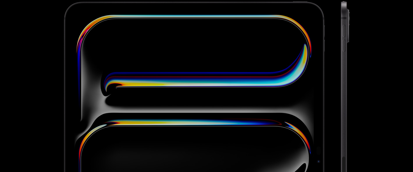 Un iPad Pro nero siderale in verticale visto di fronte, angoli arrotondati, cornice del display nera, display che mostra un’illustrazione dai colori sgargianti; a destra un iPad Pro in verticale visto di lato, design sottile, tasto per alzare il volume, tasto per abbassare il volume, sistema di fotocamere Pro in rilievo