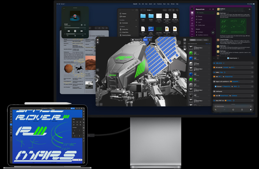 iPad Pro fastgjort til Magic Keyboard vist forfra, det hele er forbundet til et eksternt Mac Studio Display; iPad Pro-skærmen viser en app til grafisk design, levende farver og tekst, Studio Display viser forskellige apps og en 3D-model