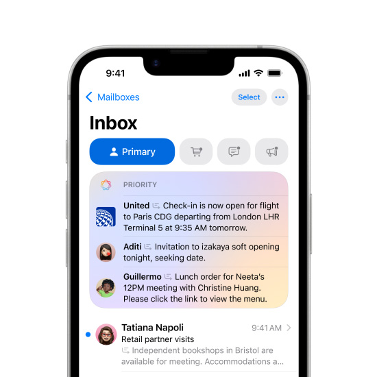 Vue partielle de l’écran d’un iPhone 16e montrant la fonctionnalité Messages prioritaires dans Mail.