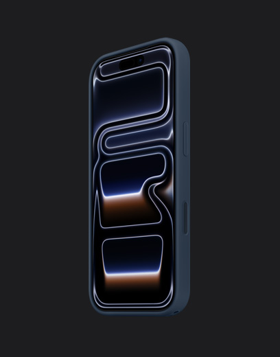 iPhone 17 Pro, parte frontal, acabado azul profundo, con funda de silicón azul marino