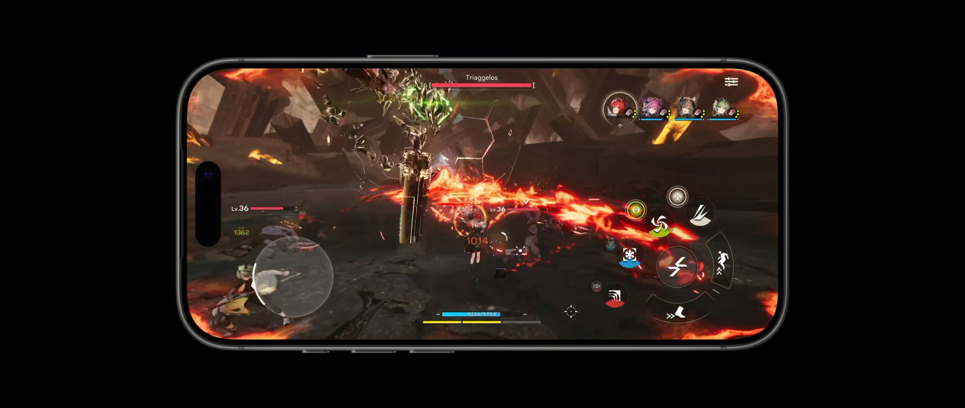 iPhone 17 Pro, parte frontal, que muestra las capacidades de rendimiento del chip A19 Pro con una escena del videojuego Arknights: Endfield