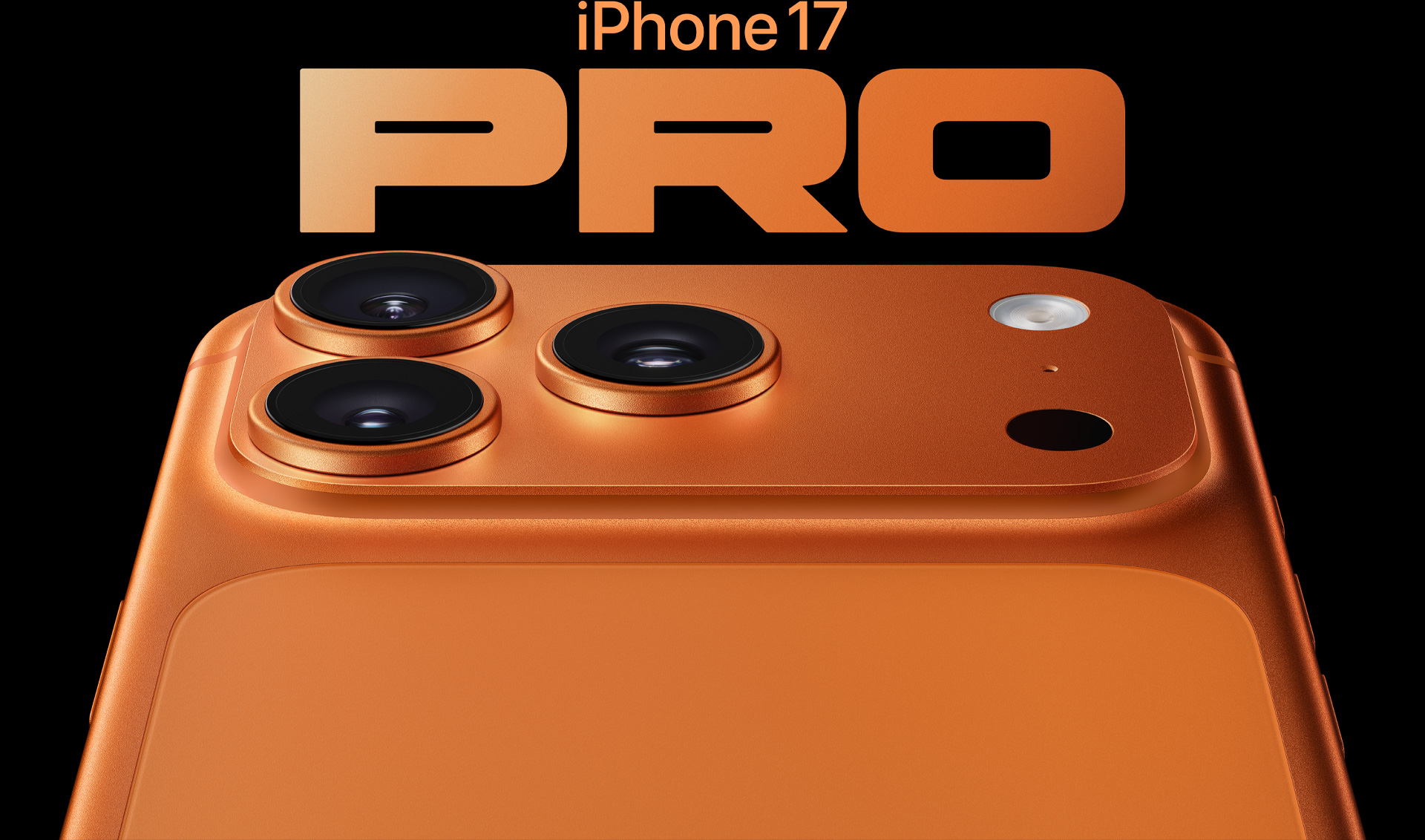 iPhone 17 Pro, acabado naranja cósmico, vista parcial de la parte posterior, sistema de cámaras Pro Fusion en la esquina superior izquierda, 3 lentes, micrófono, flash