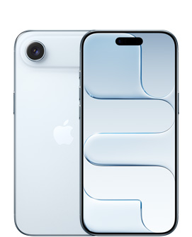 iPhone Air, exterior spate, culoare Cer albastru, sistem de camere Fusion în partea de sus, logo Apple centrat, exterior față, culoarea Cer albastru, Dynamic Island centrat în partea de sus