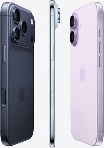 The camera-side of iPhone 17 Pro in Deep Blue, side profile of iPhone Air in Sky Blue and back side of iPhone 17 in Lavender, spread out in a fan pattern.