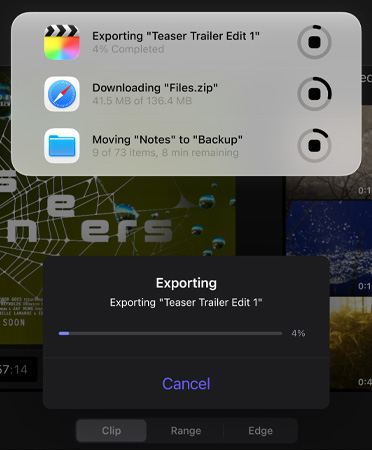 En liste med igangværende liveaktiviteter, der kører samtidigt. Listen omfatter eksport af en filmtrailer, download af store filer og flytning af “Noter” til “Sikkerhedskopiering”