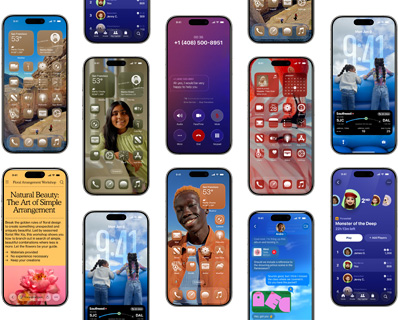 Multiple iPhone devices in a grid-like pattern, each showing a different feature or design aspect of iOS 26