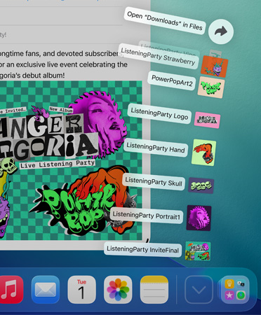 Nærbillede af Dock nederst på skærmen med en række filer, der foldes ud lodret fra Dock