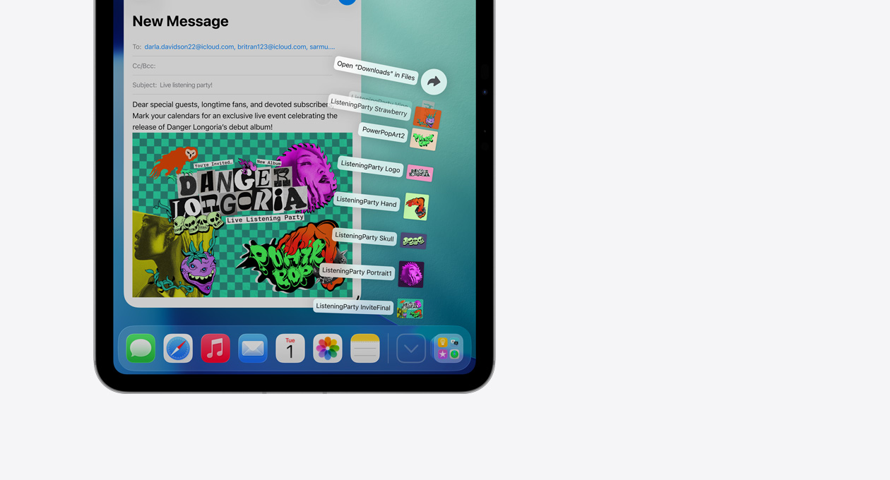 Close up Apple device Dock app at bottom with a series of files fanning out vertically