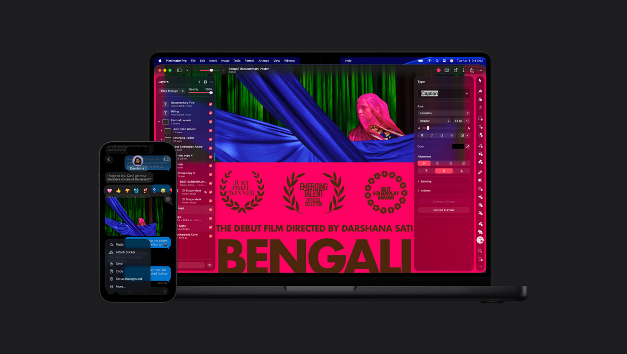 iPhone 16 screen showing photo of a woman with a pink veil in the Messages app, emoji reactions, image options, MacBook Pro 14 screen showing photo of a woman in a pink veil, movie poster, editing tools on left and right sides