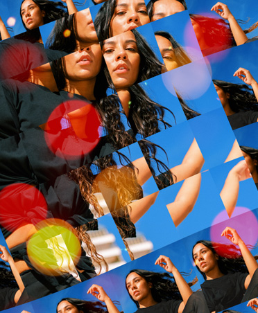 Grid of photos of a woman showing different details of the same photo