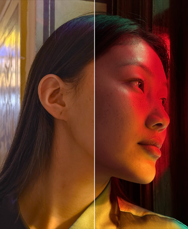 Two-part photo of a woman in a dark interior, red lighting, left half and right half of photo are different