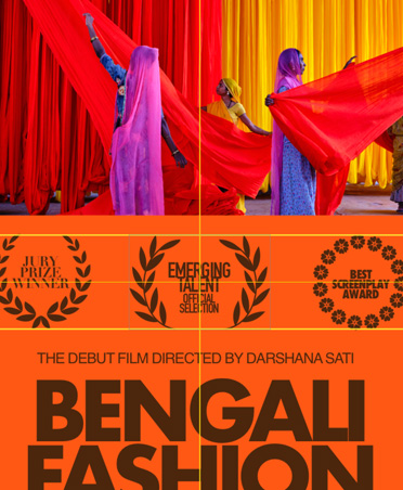 Orange and black movie poster for Bengali Fashion Documentary with horizontal and vertical smart guides down centre of the image