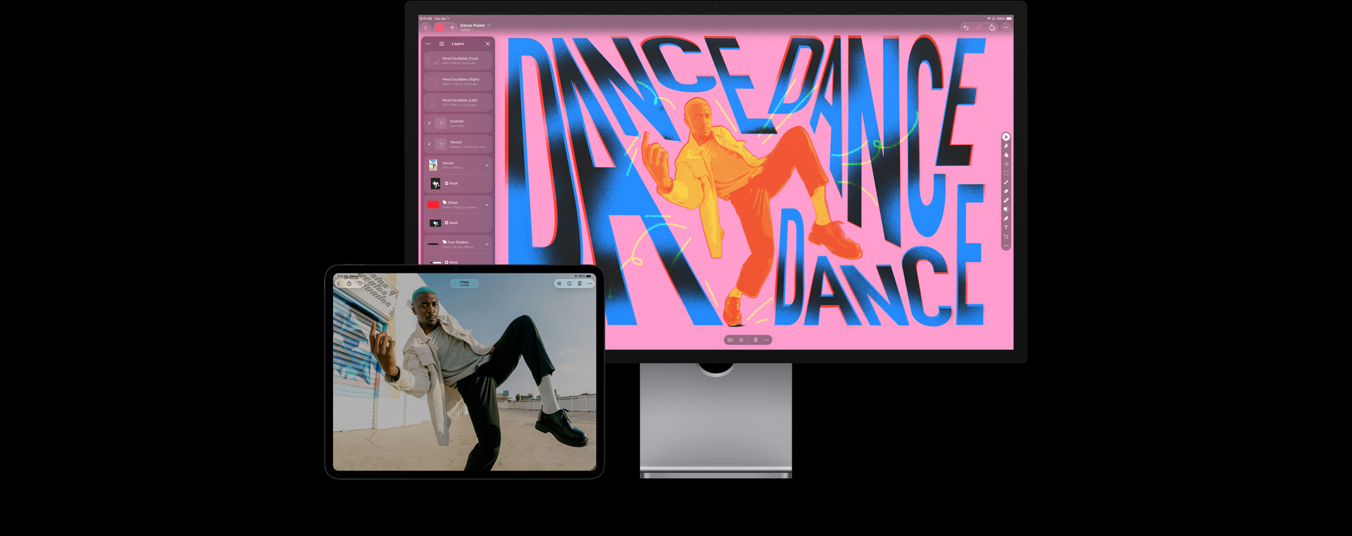 iPad Pro screen showing a man with blue hair, white jacket, grey shirt, black pants and shoes, dancing outside, Mac Studio Display screen showing workspace with colourful stylized typography, edited image of a man dancing overlayed in blue, yellow and red colours