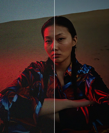 Split photo of a woman on sand dunes at dusk, denoising tool