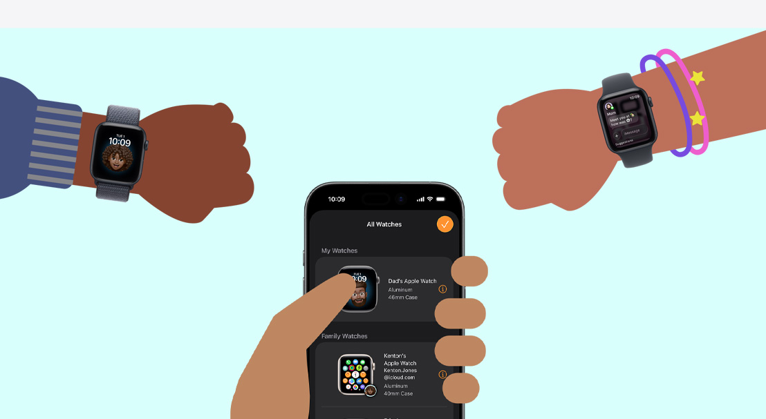 Illustration som visar två barnhänder med Apple Watch SE 3, handen på en vuxen som håller en iPhone 17
