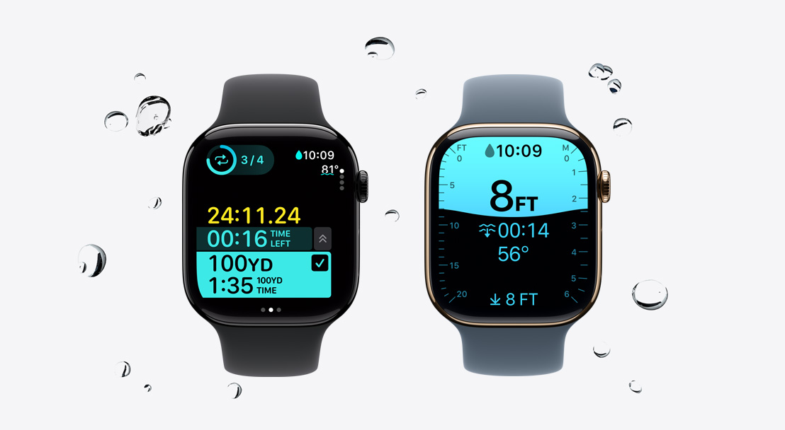 Apple Watch Series 11 med urkasse i poleret pianosort aluminium, registrering af svømning i appen Træning, vanddråber, der bevæger sig væk fra uret, og sort Sportsrem