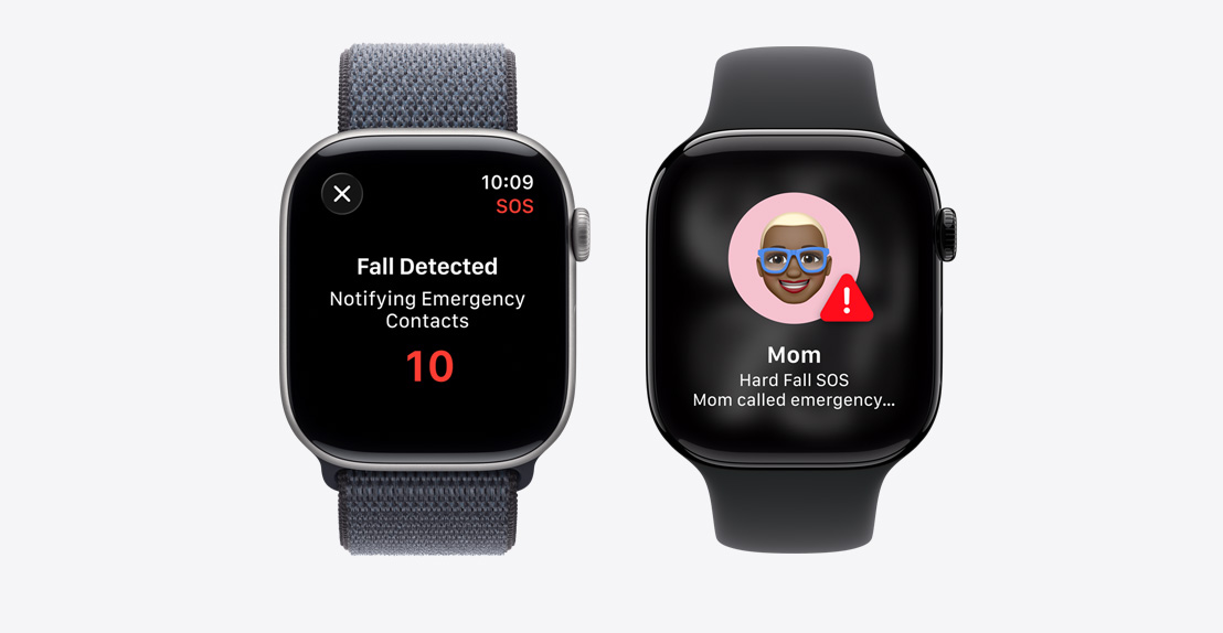 Apple Watch Series 11 med en notifikation om Registrering af ulykke, en knap til nødopkald og en anden notifikation om, at mor er kommet ud for et voldsomt fald og har ringet til alarmcentralen