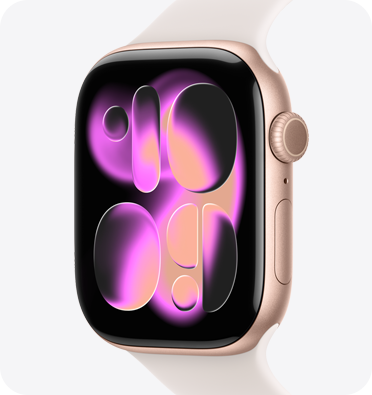 Apple Watch Series 11 med urkasse i aluminium i farven rosaguld, kunstbaggrund i bevægelse på urskiven, Digital Crown, mikrofon og sideknap i højre side og Sportsrem i farven sart fersken