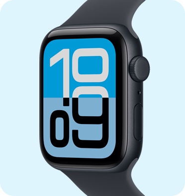 Apple Watch SE 3 med urkasse i aluminium i farven midnat, Flux-urskive, Digital Crown, mikrofon og sideknap i højre side og Sportsrem i farven midnat