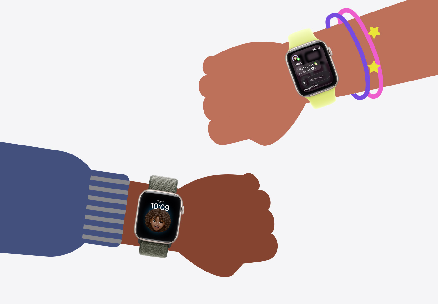 Lasten Apple Watch, sarjakuvamaisia piirroksia lasten ranteista, joissa on Apple Watch SE 3