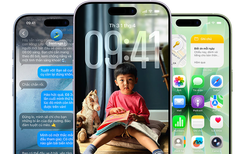 Các thiết bị iPhone 17, vỏ ngoài mặt trước, các màu: xanh lam khói, tím oải hương, xanh lá xô thơm, các tính năng iOS - Nền có các tin nhắn, Liquid Glass hiển thị Màn Hình Khóa và Màn Hình Chính với nhiều ứng dụng khác nhau được hiển thị