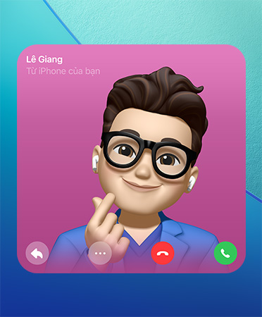Áp Phích Liên Hệ FaceTime, Genmoji ở giữa, tên người ở trên cùng bên trái, các biểu tượng để trả lời, thêm tùy chọn, gác máy và nhấc máy ở phía dưới